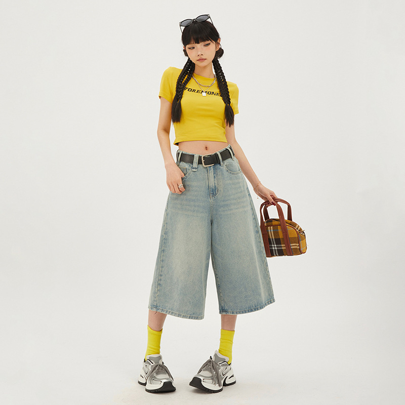 Seven-point Jeans Women's High-waist Loose Mid-length Pants New All-match Retro Seven-point Over-the-knee Neutral Wide-leg 2025 Slim