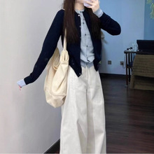 学院香风蓝色针织套装女2025韩系巨好看早秋季流行穿搭裤子一整套