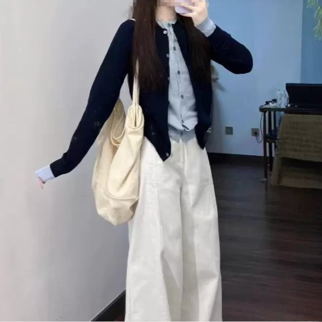 学院香风蓝色针织套装女2025韩系巨好看早秋季流行穿搭裤子一整套
