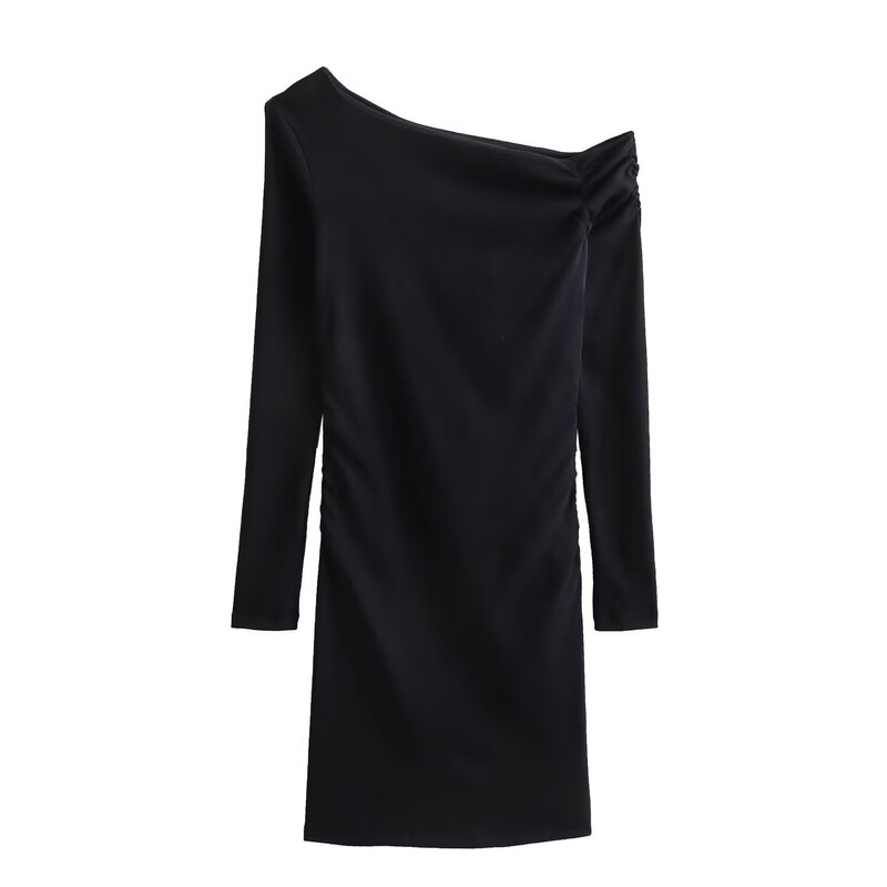 Cross-Border Supply 2025 New Autum European and American Style French Style Pure Color Round Neck Long-Sleeved Off-Shoulder Asymmetric Dress