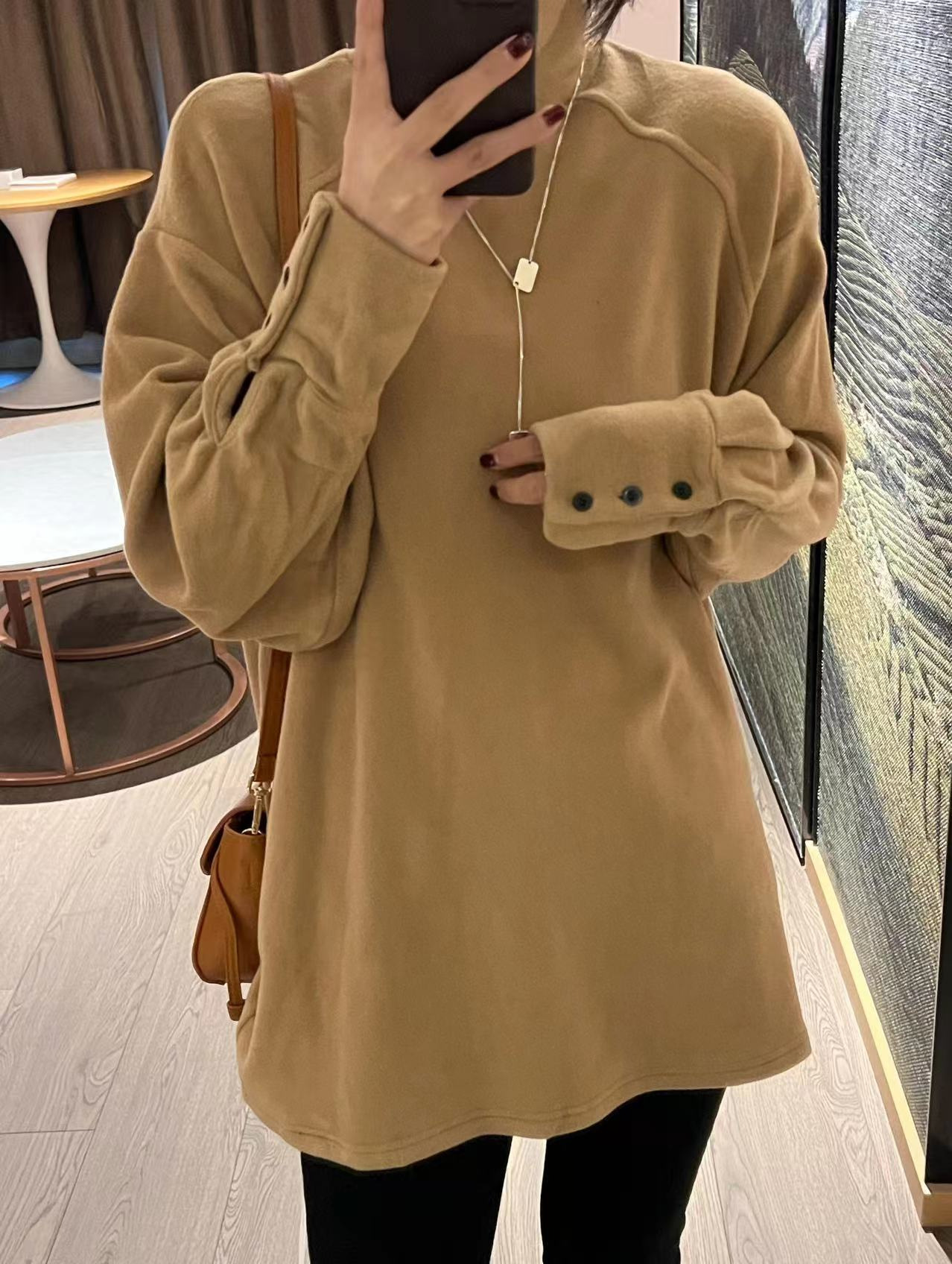 Women's Clothing New autumn and winter half high collar German velvet bottoming shirt for girls, loose thickened brushed long sleeved T shirt top_ipsvogv.com
