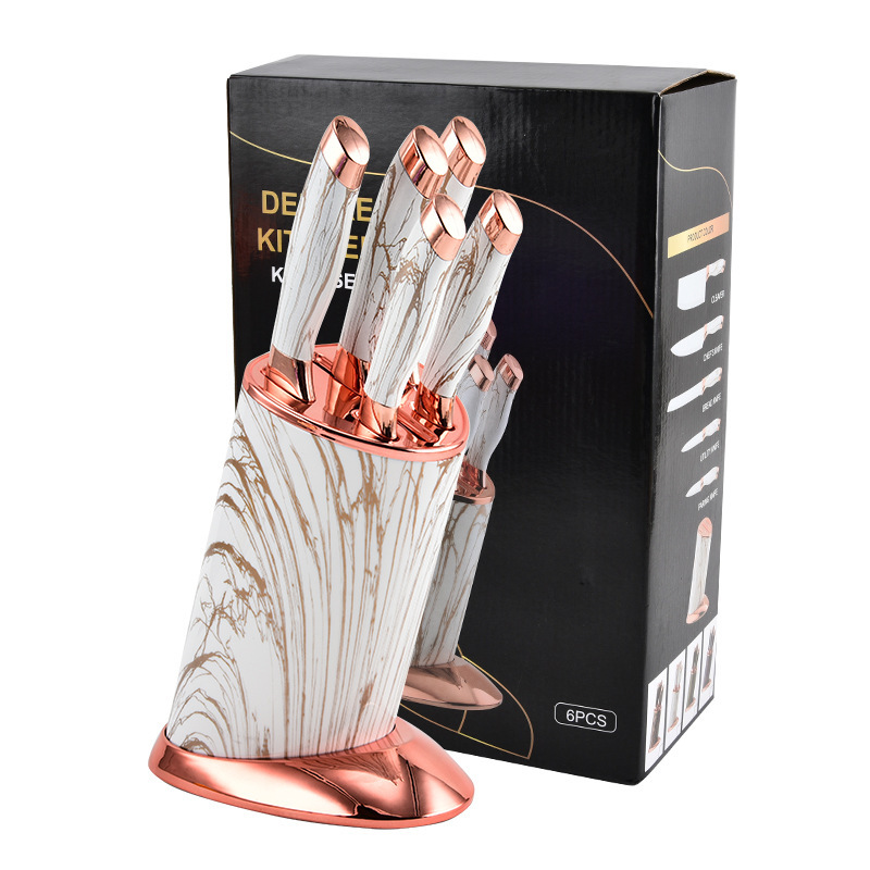 Cuchillo de mármol cocina oro rosa conjunto de cuchillos transfronterizos cuchillo de cocina de acero inoxidable cuchillo galvanizado asiento de cuchillo spot para el hogar