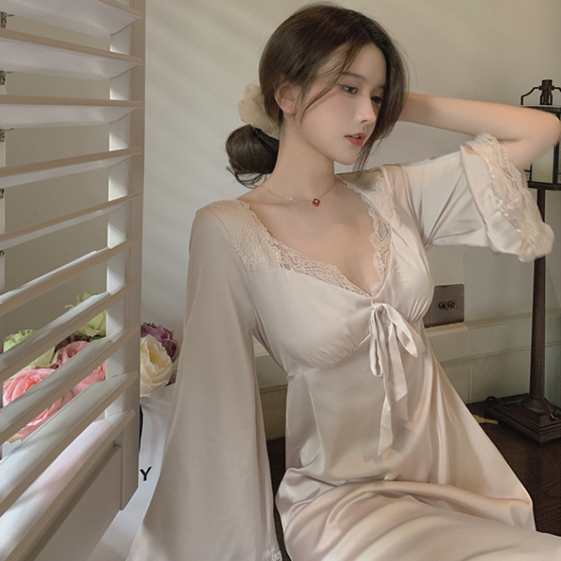 2022 New French Style Sexy Pure Desire Pajamas Women's Spring and Autumn High-end Long Sleeve Nightgown Ice Silk Home Clothes 2022 New French Style Sexy Pure Desire Pajamas Women's Spring and Autumn High-end Long Sleeve Nightgown Ice Silk Home Clothes