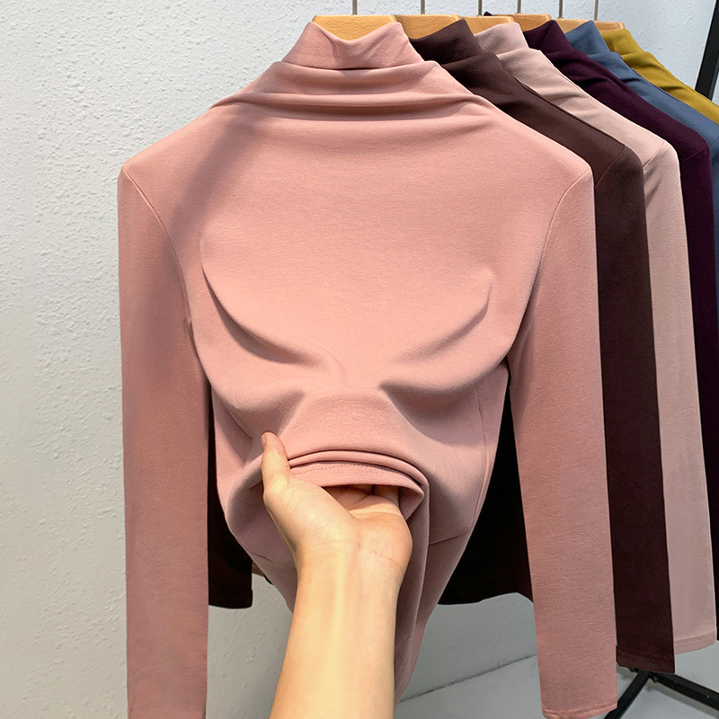 Camiseta de cuello alto para mujer, nuevo estilo 2024, ropa de mujer, color sólido, camiseta sencilla de manga larga con forro polar para mayor calidez, capa interior, top ajustado a la cintura