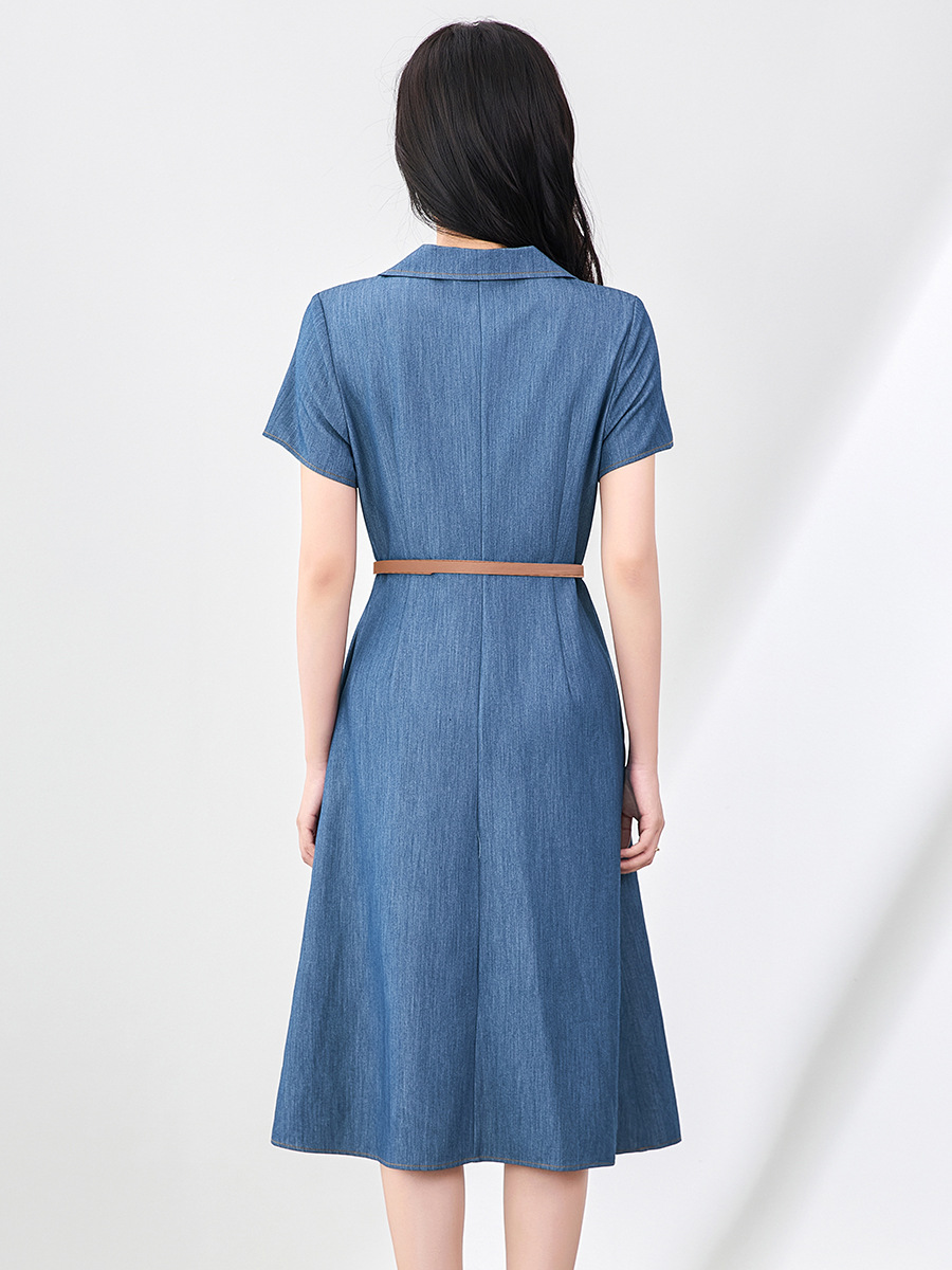 Váy liền denim sơ mi kiểu Pháp thắt eo thanh lịch — Màu xanh lam nhạt