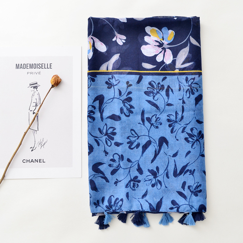 Yunnan Lijiang viajes retro estilo étnico azul marino bufanda verano Delgado aire acondicionado protector solar chal hecho a mano borla bufanda