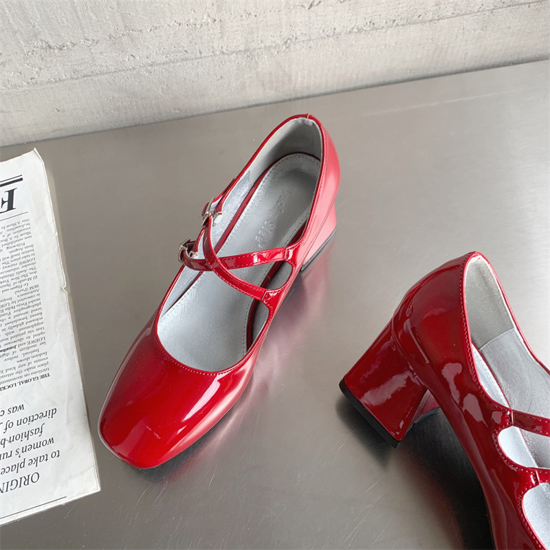 Mary Jane – talons hauts épais à Double sangle pour femmes, simples, à tête carrée, petits rouges, saison printemps et automne 2024_voghion.com