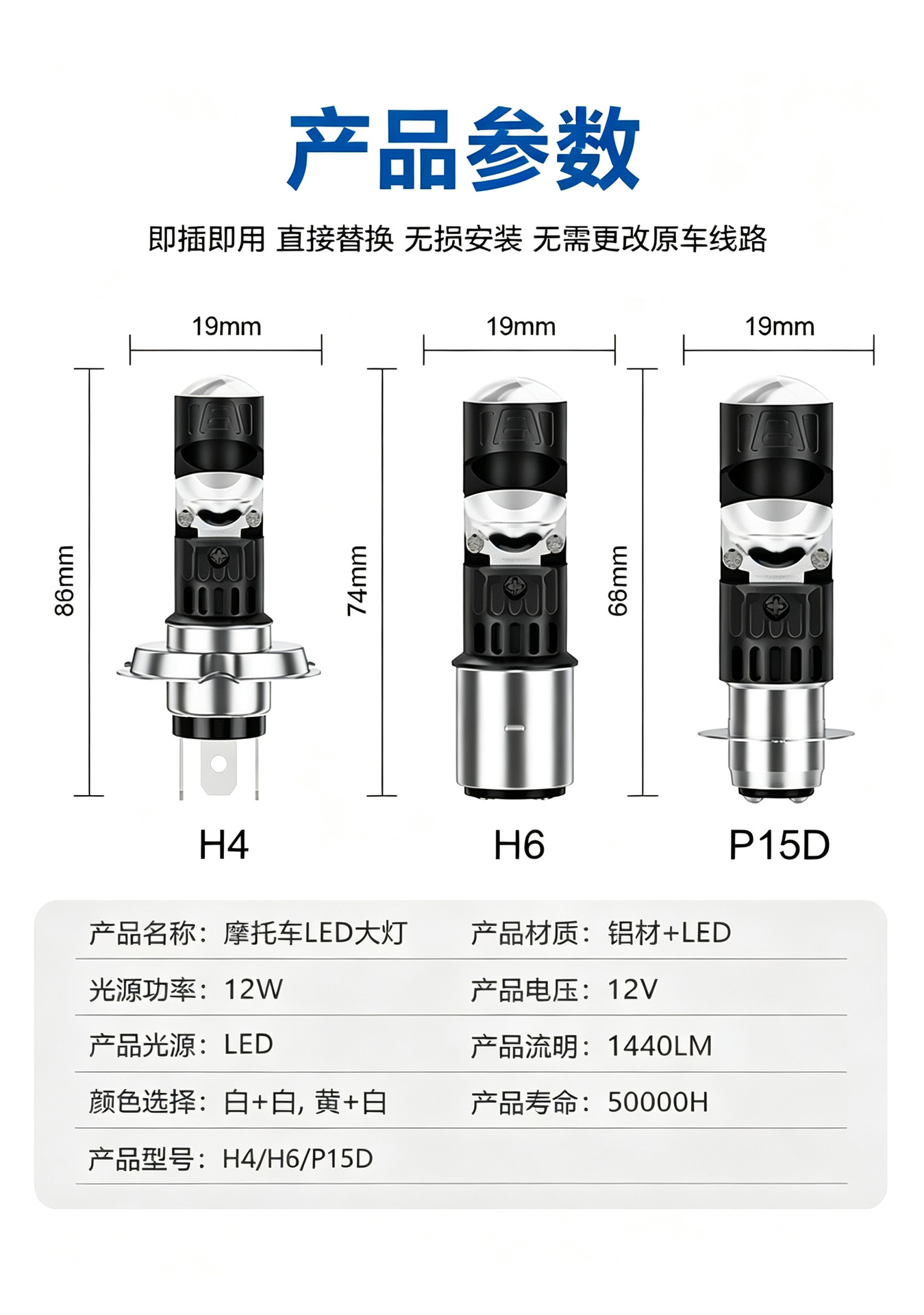 Motorcycle and electric vehicle LED front headlight P15D H4 BA20D dual-prong yellow-white dual-color integrated high and low beam spotlight