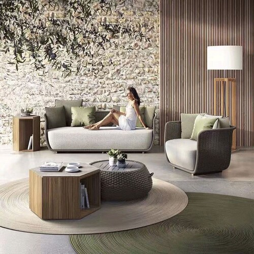 Outdoor Wicker Sofa Balcony Hotel Courtyard Garden Nordic Wicker Furniture Outdoor Leisure Teak Coffee Table Set