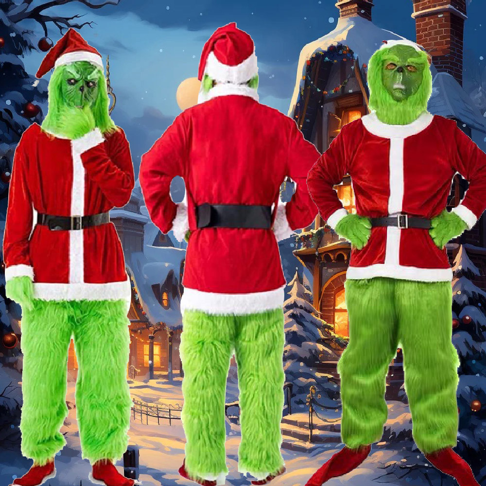 Christmas Costume cosplay Clothes Santa Claus Geek Green Hair Monster Grinch Performance Suit Grinch in stock