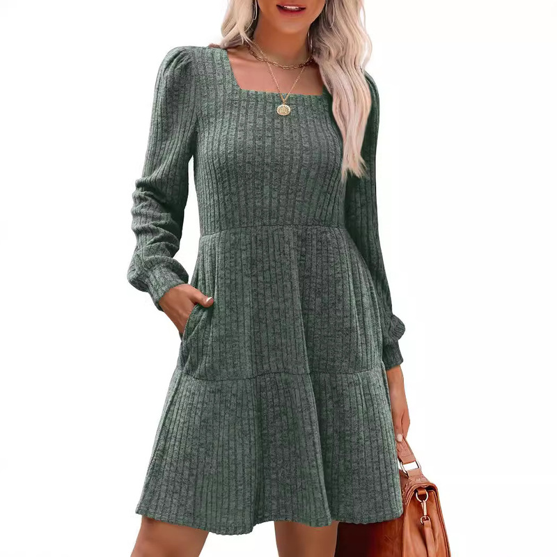 European and American Amazon TK2024 Women's Square Collar Long Sleeve Autumn dress Casual Doll Sweater dress