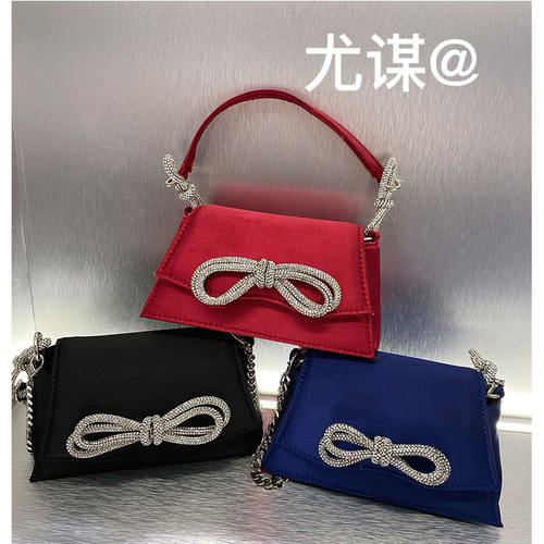 French dinner silk satin bag with bow handmade diamond Kelly diamond small square bag rhinestone hand-held crossbody bag