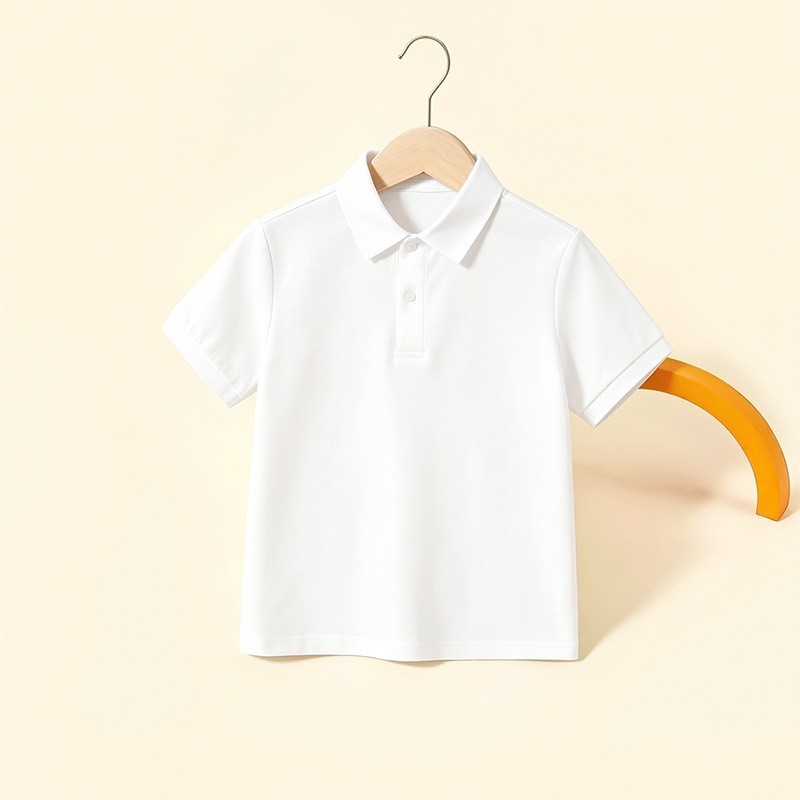 New children's polo shirt, short-sleeved, white, preppy style, school uniform, collared, breathable.