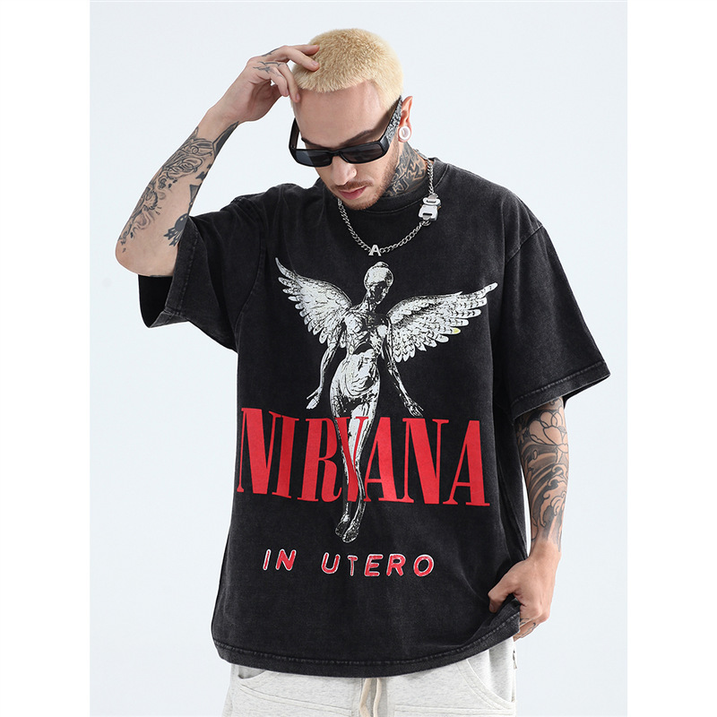 American Style Street Retro Washed Old NIRVANA Rock Band Angel Print T-shirt Short Sleeve High Street Ins Trendy American Style Street Retro Washed Old NIRVANA Rock Band Angel Print T-shirt Short Sleeve High Street Ins Trendy