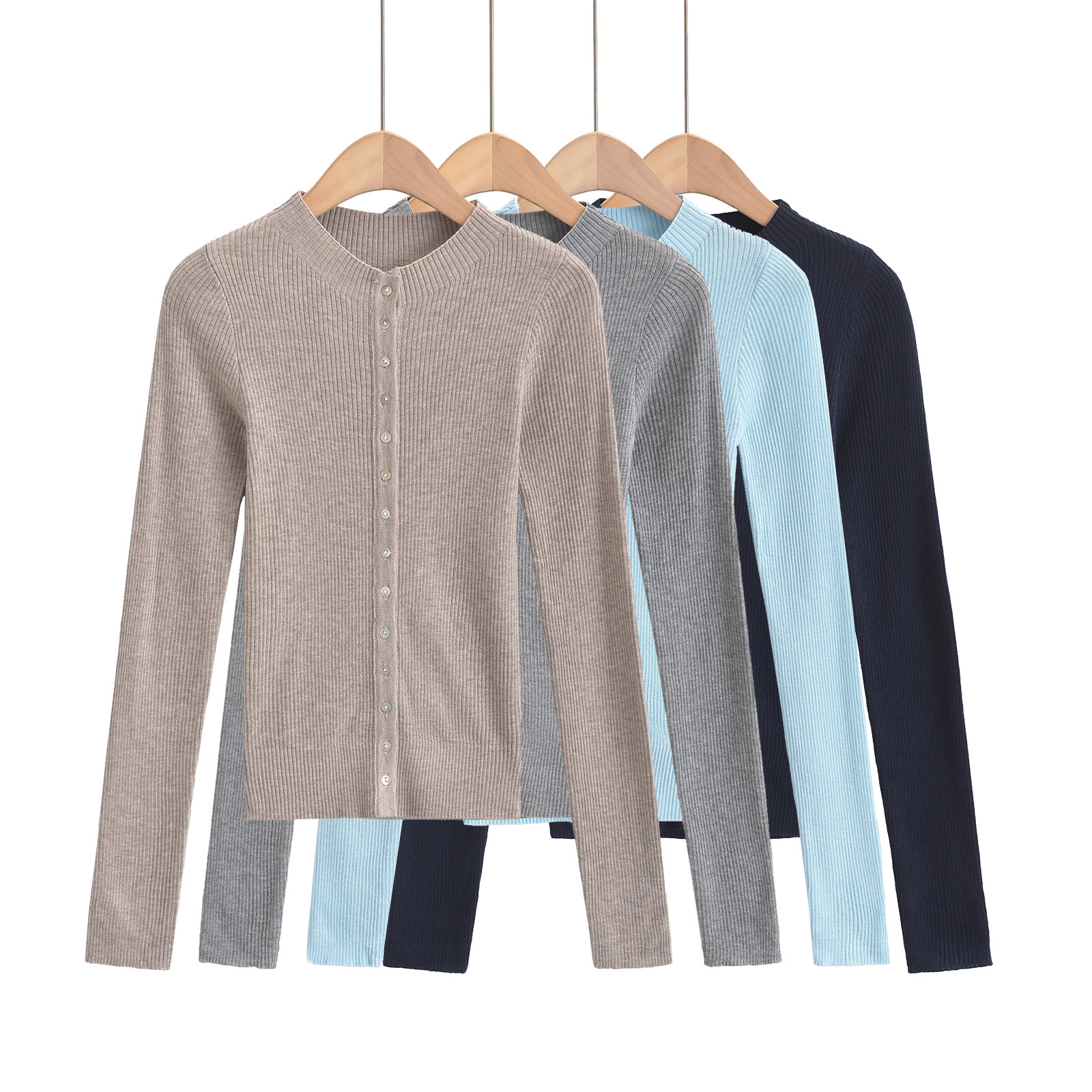 纯色半高领排扣长袖针织开衫女2024秋冬新款美式修身百搭显瘦上衣