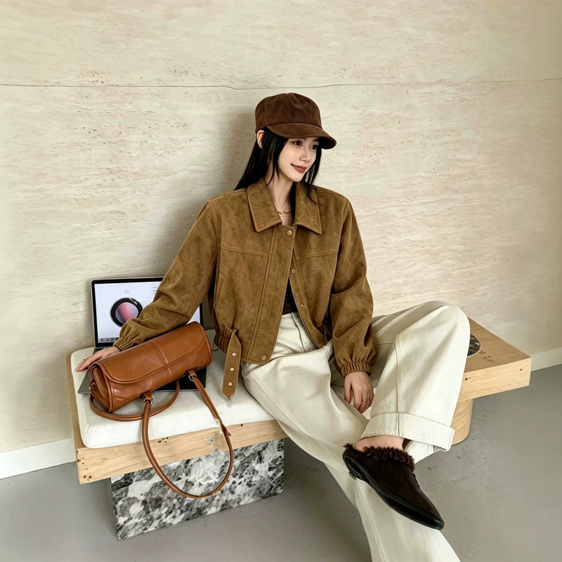 Cool and stylish Maillard suede short jacket for women, 2026 autumn new Korean style casual retro jacket Cool and stylish Maillard suede short jacket for women, 2026 autumn new Korean style casual retro jacket
