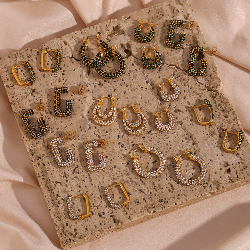 Real Gold Plated Plating Material Zircon Inlay Material PVD Coated Real Gold Plated 18K Gold Geometric 304 Stainless Steel Fashion Waterproof Non Tarnish Earrings
