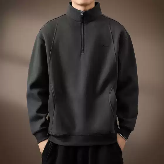 Premium Heavyweight American Style Half-Zip High-Neck Fleece Sweatshirt for Men, Oversized Vintage Polo, Fall Thermal
