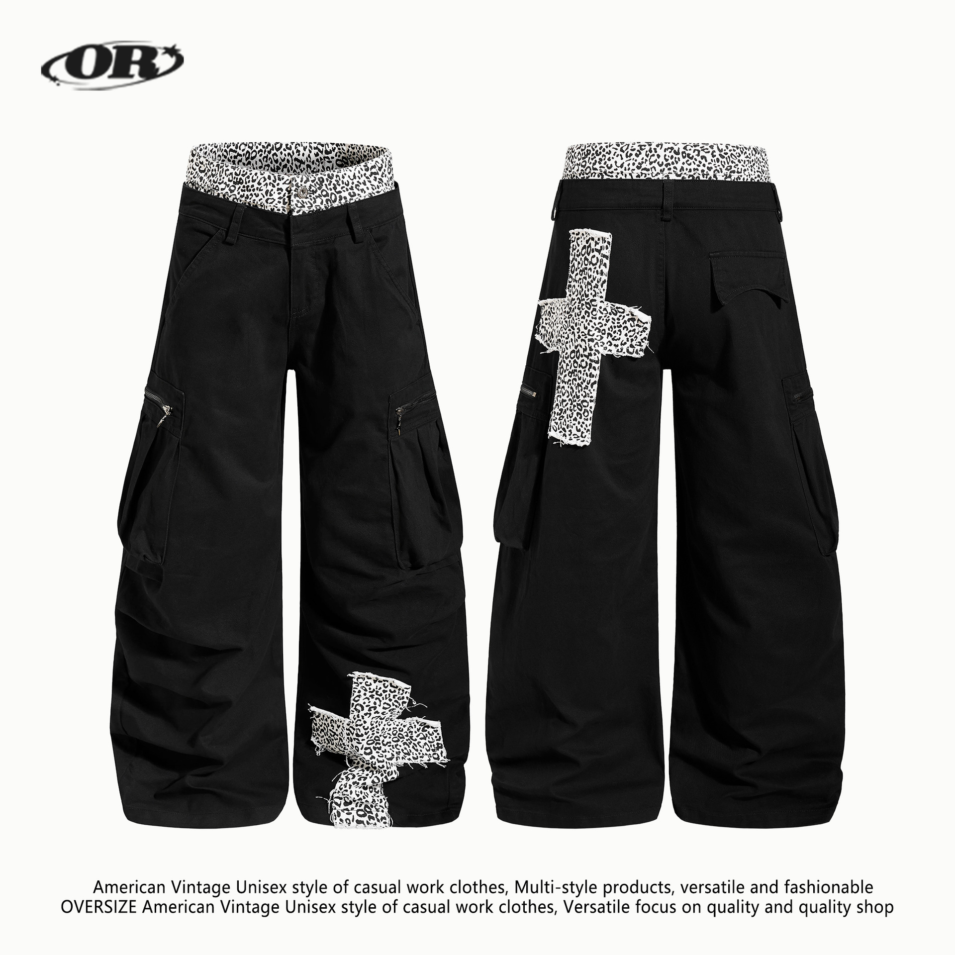 OREETA, pantalones de trabajo de doble cintura de estampado de leopardo americano para hombres y mujeres, pantalones de hip-hop callejero sueltos de piernas anchas