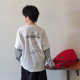 童装2026秋季新男童假两件长袖T恤中大童韩版洋气儿童宽松休闲t潮