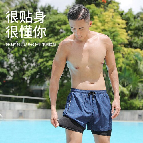 Swimming trunks double layer men's  new loose large size quick-drying hot spring swimsuit professional swimming trunks men's wholesale