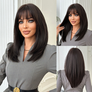 Cross-Border Wig for Women, Full Headgear, Medium-Length Hair, Chest-Length Black Tea Layered Straight Hair, Air Bangs, High-Quality Wig