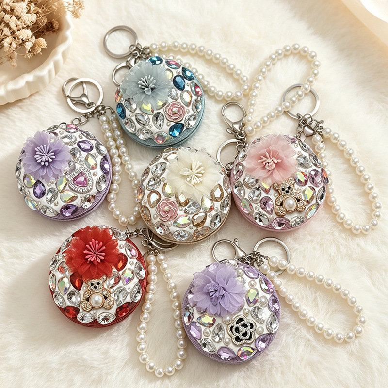 In-stock handmade rhinestone-studded makeup mirror with 3D floral design, foldable compact mirror, cute girl's bag charm, wholesale for export In-stock handmade rhinestone-studded makeup mirror with 3D floral design, foldable compact mirror, cute girl's bag charm, wholesale for export