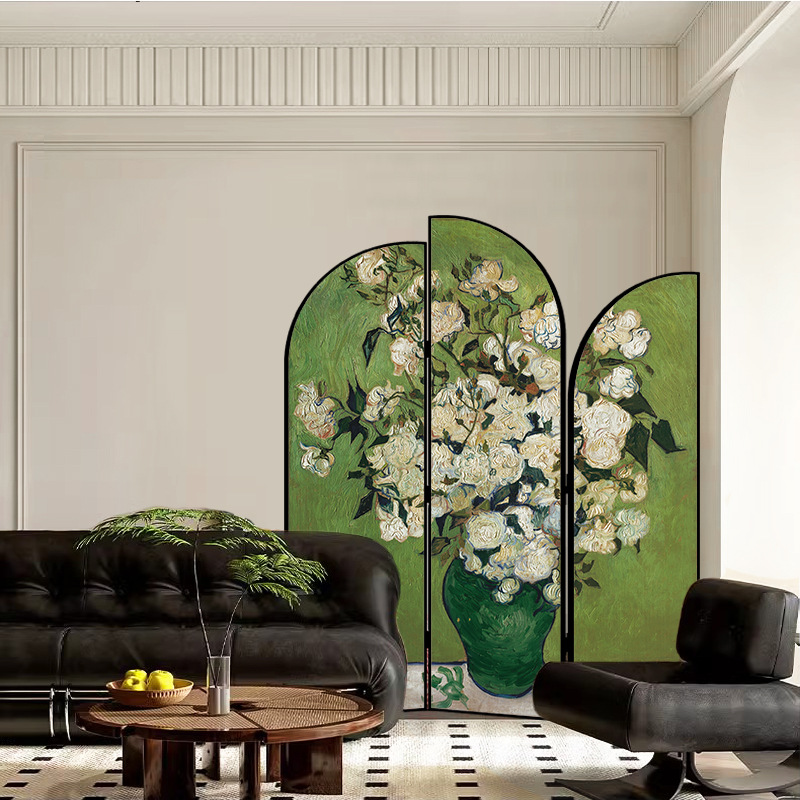 French-Style Oil Painting Retro Screen Partition for Home, Foldable and Movable Entranceway Partition for Guesthouse Decoration Background Wall