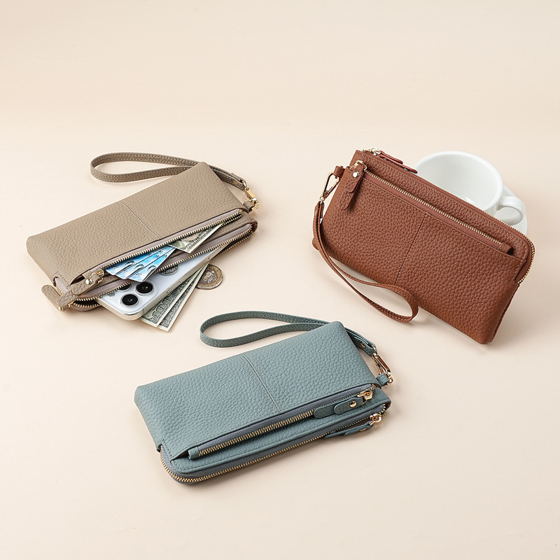 Multifunctional Women's Long Wallet Genuine Leather Three-Zipper Large-Capacity Mobile Phone Bag Portable Wrist Strap Casual Clutch Bag