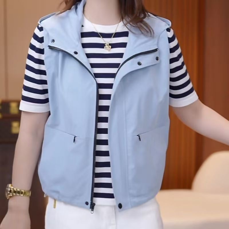 European Spring and Summer New Women's Clothing European Style Vest Hooded Solid Color New Vest Women's Versatile Slimming