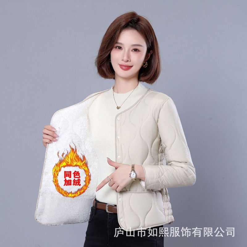 秋冬款纯色内胆棉服女轻薄保暖菱格简约短款通勤百搭加绒外套防寒|undefined