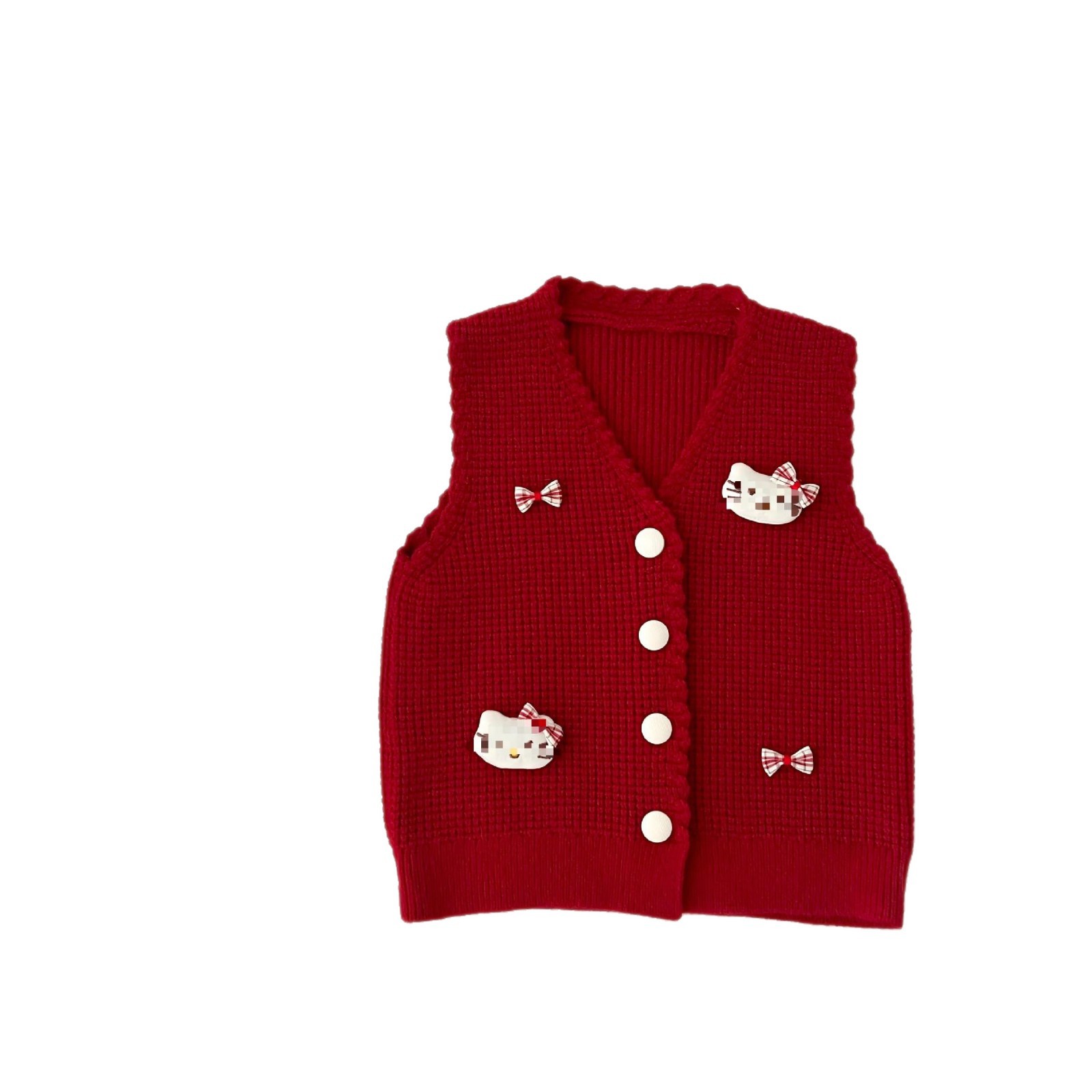 Retro color sólido V-collar chaleco cardigan bebé primavera y otoño nuevo estilo coreano de dibujos animados gatito arco chaleco de punto