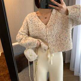 毛衣外套女秋冬新款花纱杂色韩版甜美减龄宽松软糯针织开衫上衣女