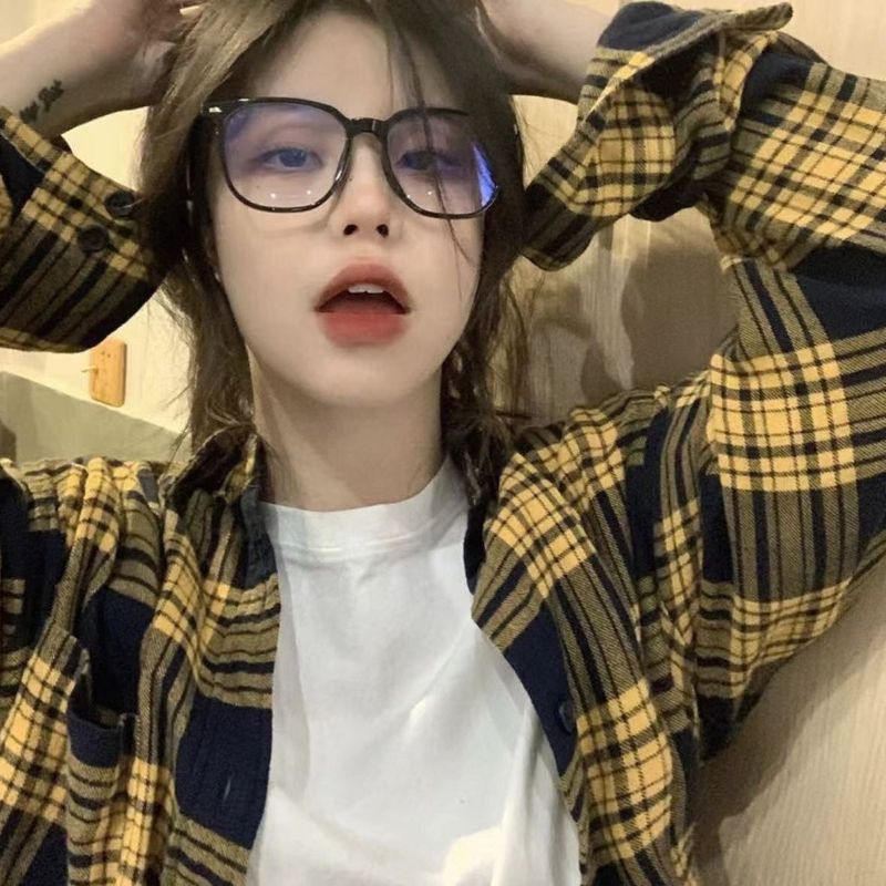 美式长袖格子衬衫春秋复古新款宽松慵懒风小个子衬衣上衣休闲外套|undefined