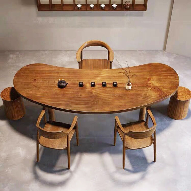 新中式客厅家用茶几实木松木桌椅茶桌月牙弧形桌子