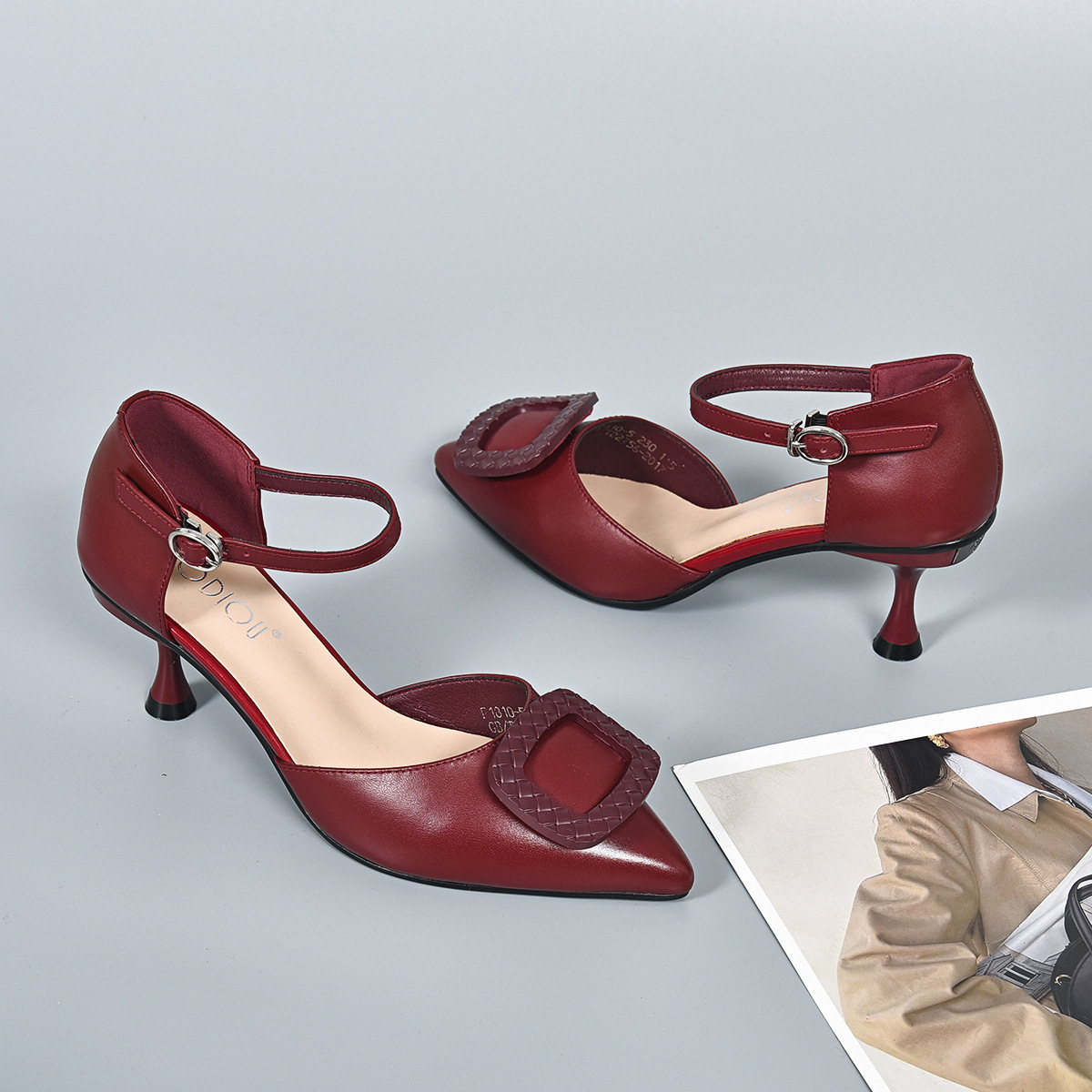 Sandal cao gót nữ da thật quai đơn khoét lỗ mũi kín — Màu đen chi tiết 9
