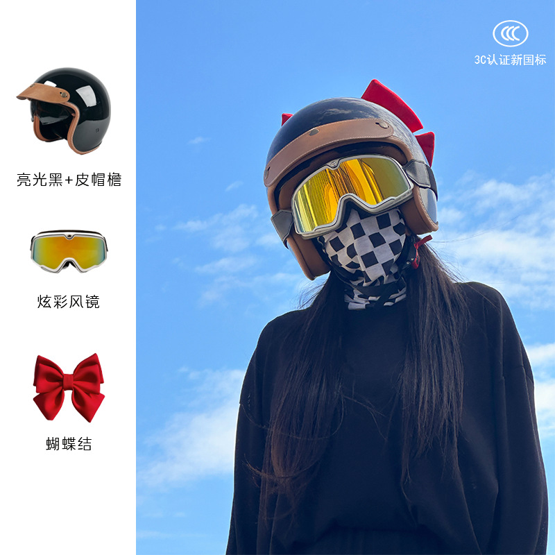Retro 3/4 Motorcycle Helmet, Motuoche Motosiklet kaskı (dəbilqə) - gloss-black-colorful-goggles-red-bow-m