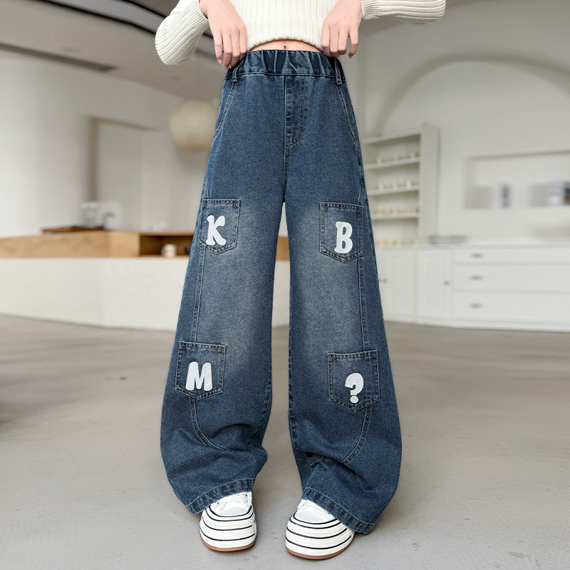 女童牛仔裤秋装2025新款大童洋气宽松阔腿裤儿童女款秋季工装裤子