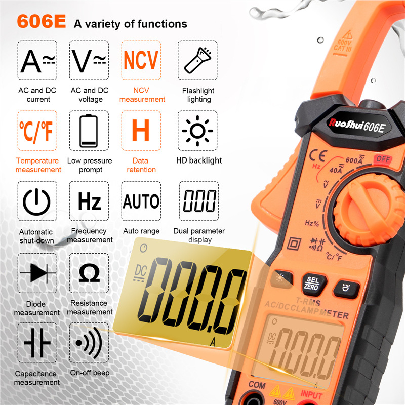 胜利钳型表roshui606E 钳表英文版600A 防烧 数字钳形万用表