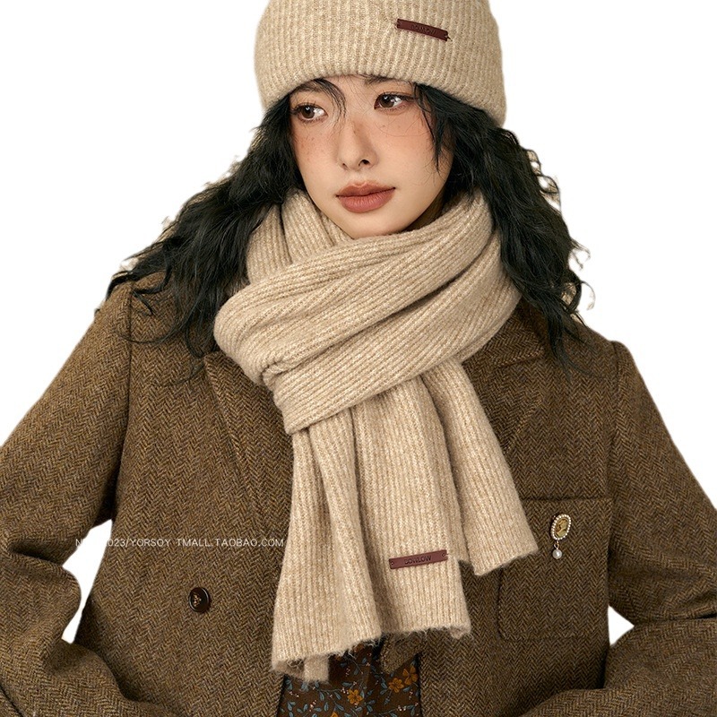 Solid color winter retro khaki knitted keep warm scarf
