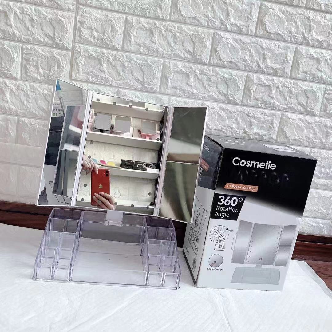 LED水晶收纳美容化妆镜22灯三折LED化妆镜2X3X放大化妆镜梳妆台镜