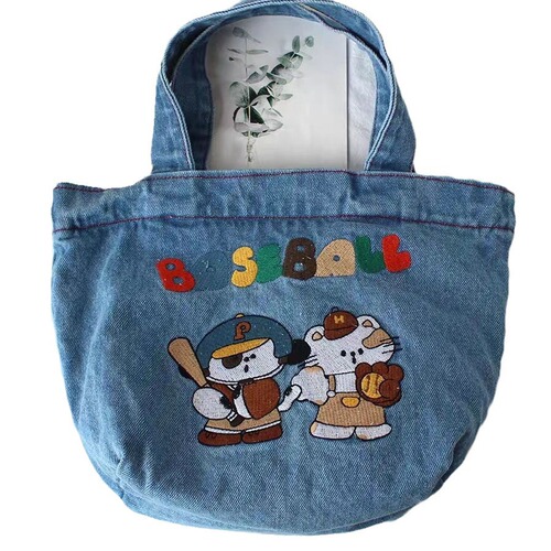 Japanese cartoon embroidered washed denim handbag large capacity student portable bucket bag cute lunch box bag