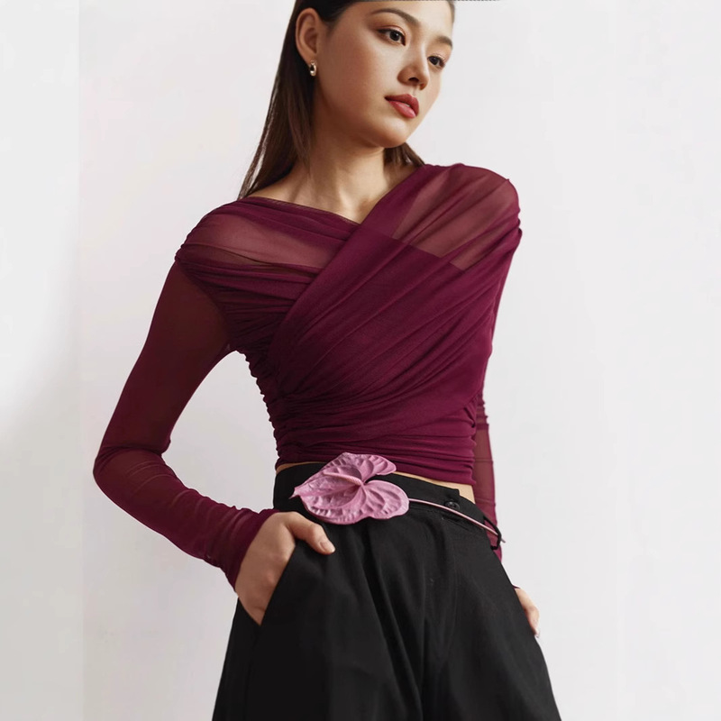 European and American women's autumn Amazon new solid color mesh sexy pleated long sleeve T-shirt top women