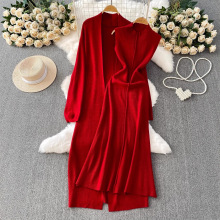 感外搭秋冬慵懒风中长款针织风衣外套套装高腰显瘦背心连衣裙