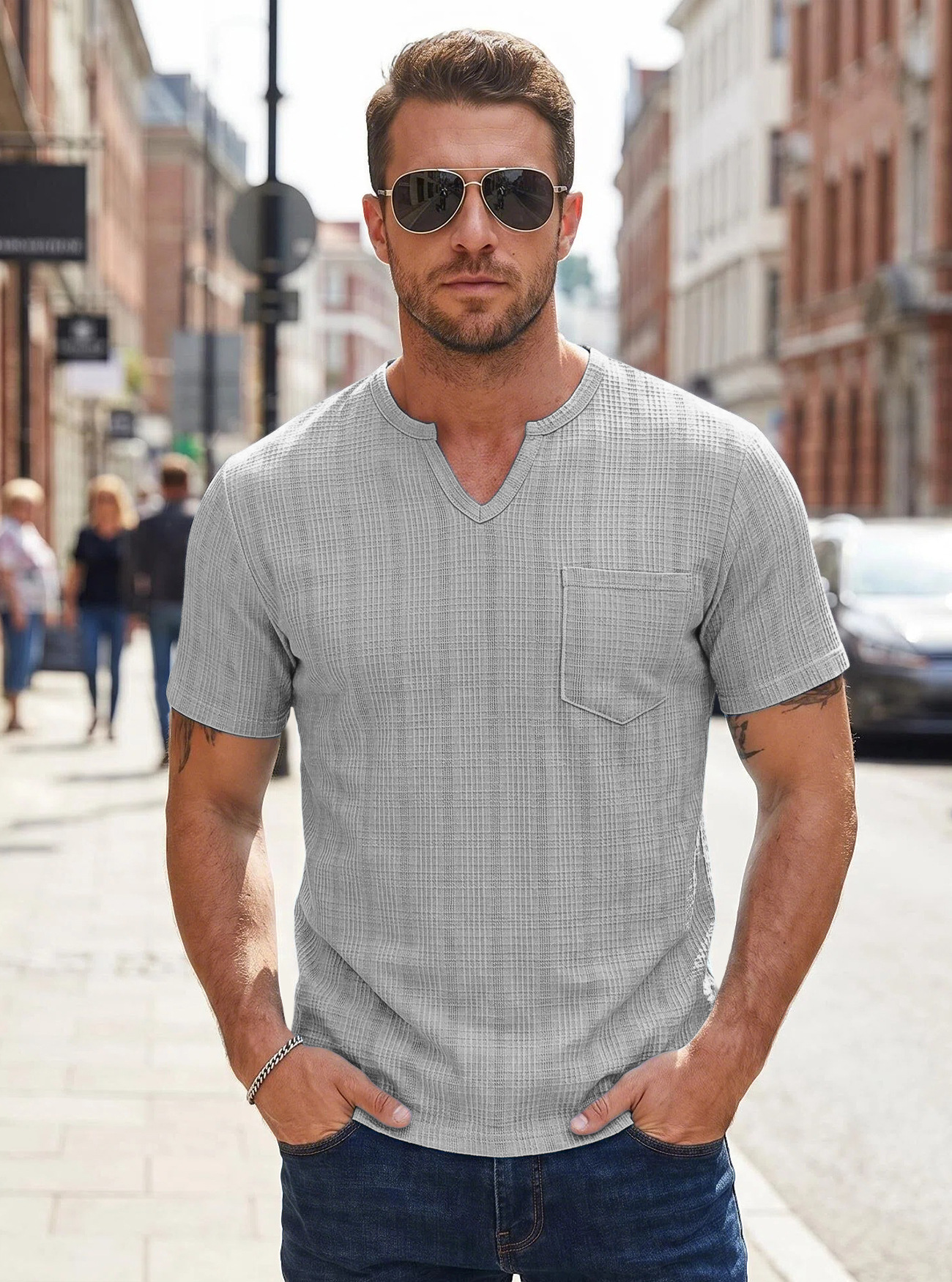 Transfronterizo Amazon hombre de verano imitación de lino de cuello V camiseta de color sólido europea y americana transpirable gran tejido americano de manga corta