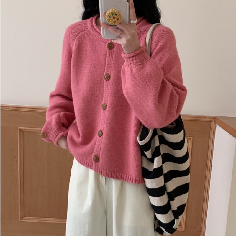 Nuevo estilo coreano de otoño y invierno simple estilo de viento sólido color completo retro cardigan de punto suéter de viento relajado abrigo abrigo image 8