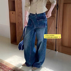 素心兰38183秋季2025新款网红潮流假两件设计宽松阔腿裤牛仔裤女