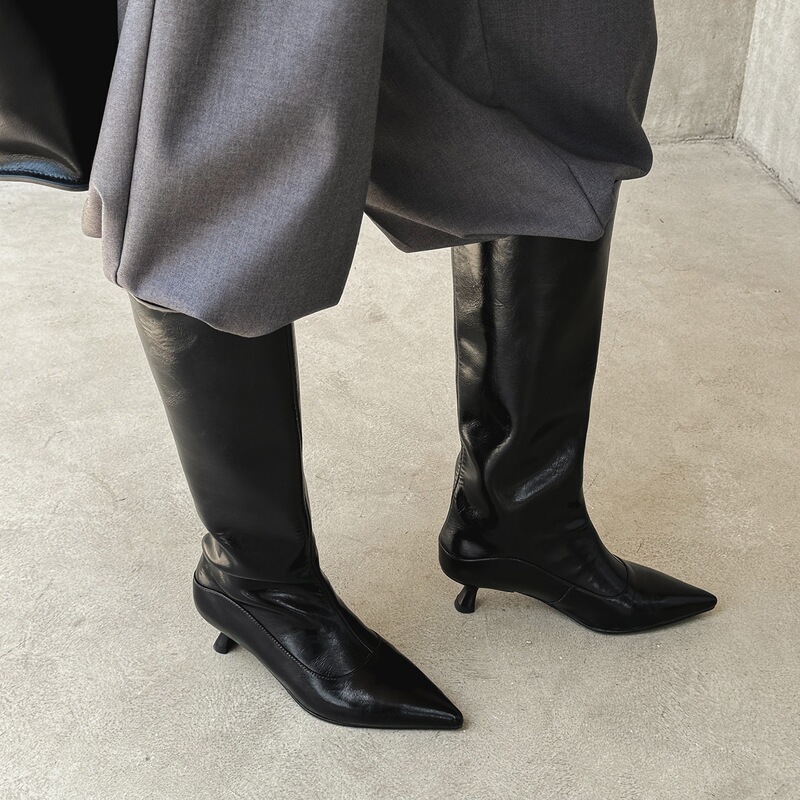 Niche Light Luxury ~ 2025 Autumn Full Leather Elegant Pointed Toe Kitten Heel High Knight Boots European and American Style Over-The-Knee Boots