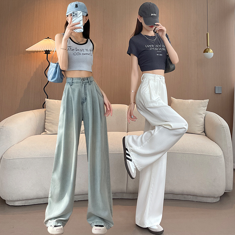 Double-color Tencel Wide-leg Jeans Women's Summer Thin High-waist Dipped Slimming Design Ice Silk Straight Pants