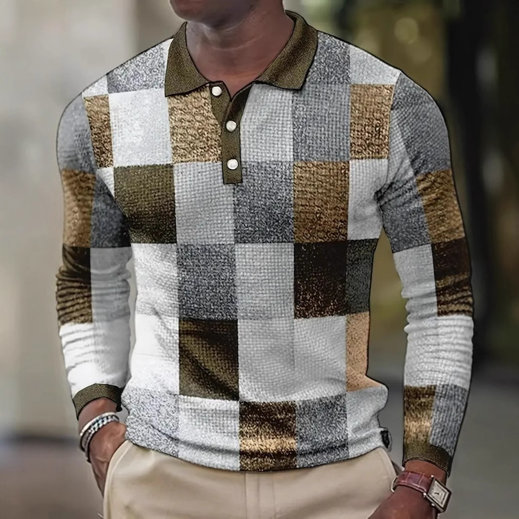 Personalidad retro tejido en contraste de color cuadrado estampado 3D casual suelto de manga larga camisa POLO de cuello con botones para hombres
